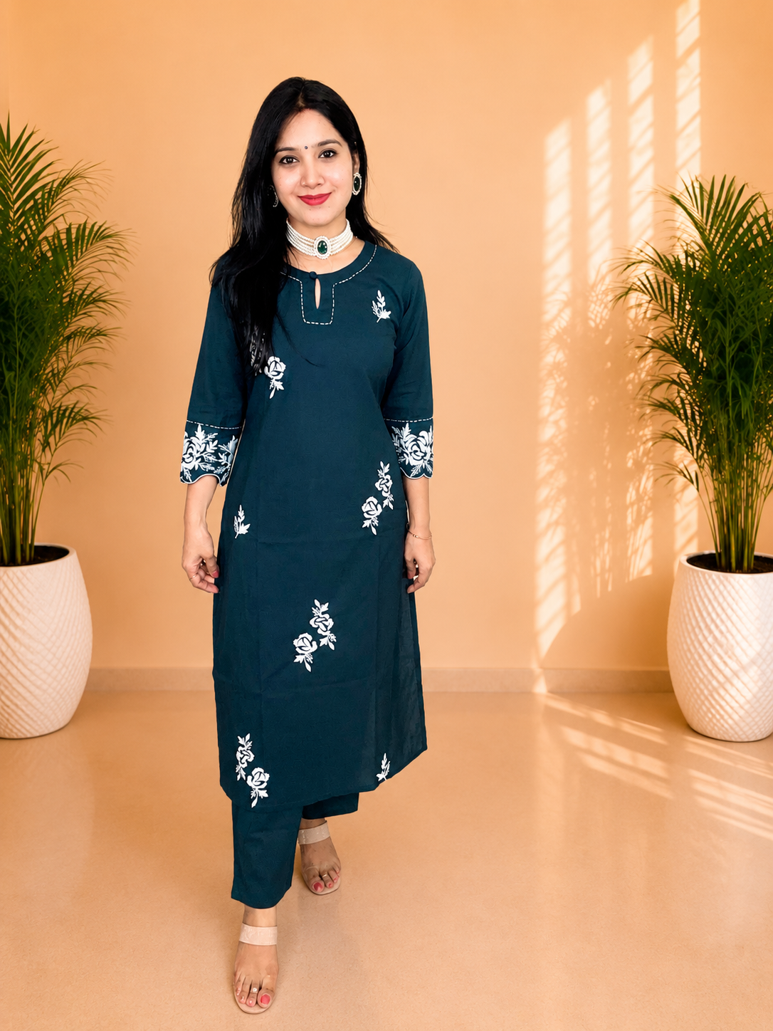 Peacock Green Cotton Embroidered Suit Set