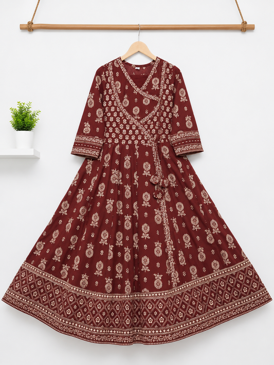 Cotton Printed Angrakha Anarkali Suit Set