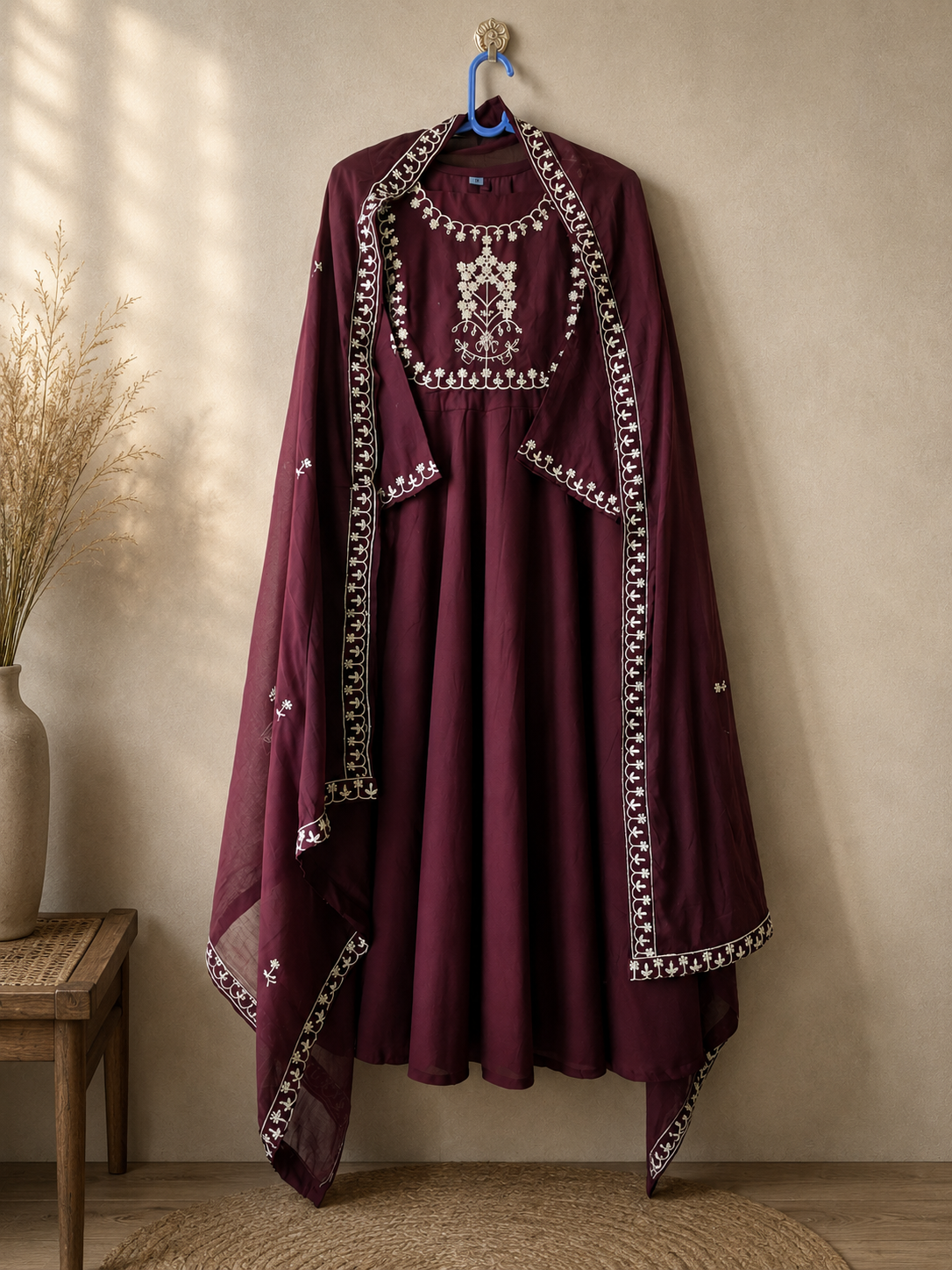 Wine Embroidered Anarkali Kurta Suit Set