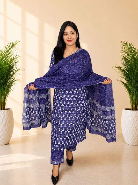 Purple Pure Cotton Printed Kurta Pant Dupatta Set | Women’s Ethnic Wear