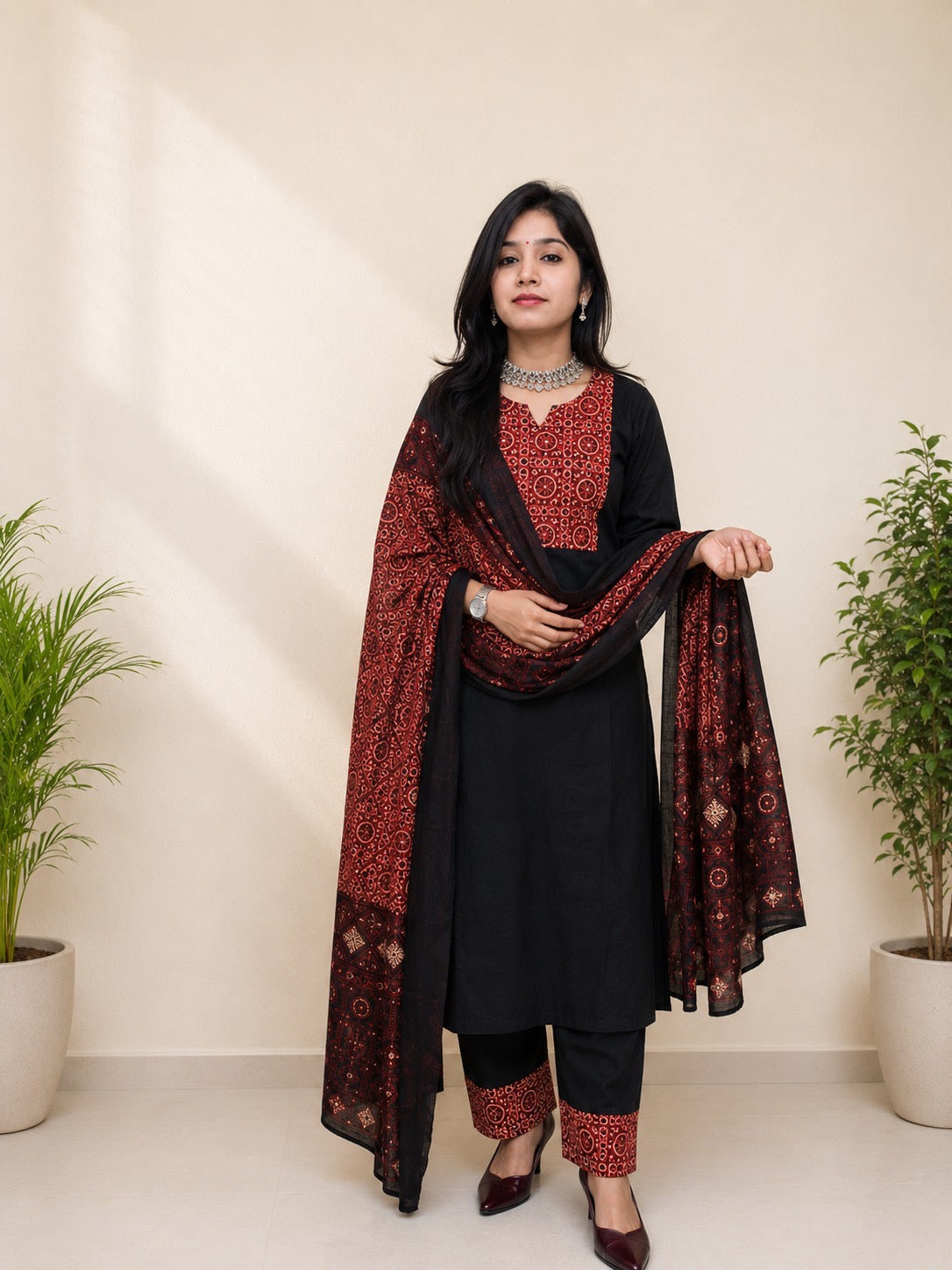 Black Ajrakh Print Pure Cotton Suit Set With Dupatta