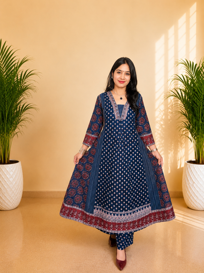 Blue Pure Cotton Printed Anarkali Suit Set