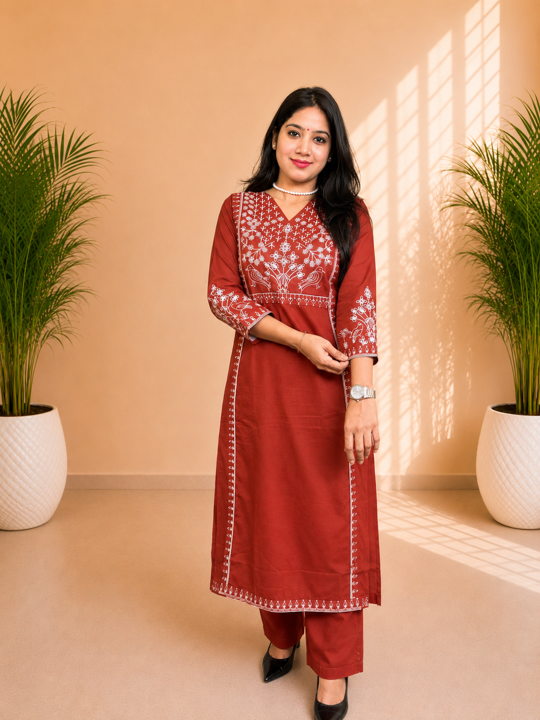 Rust Elegance Embroidered A-Line Suit Set