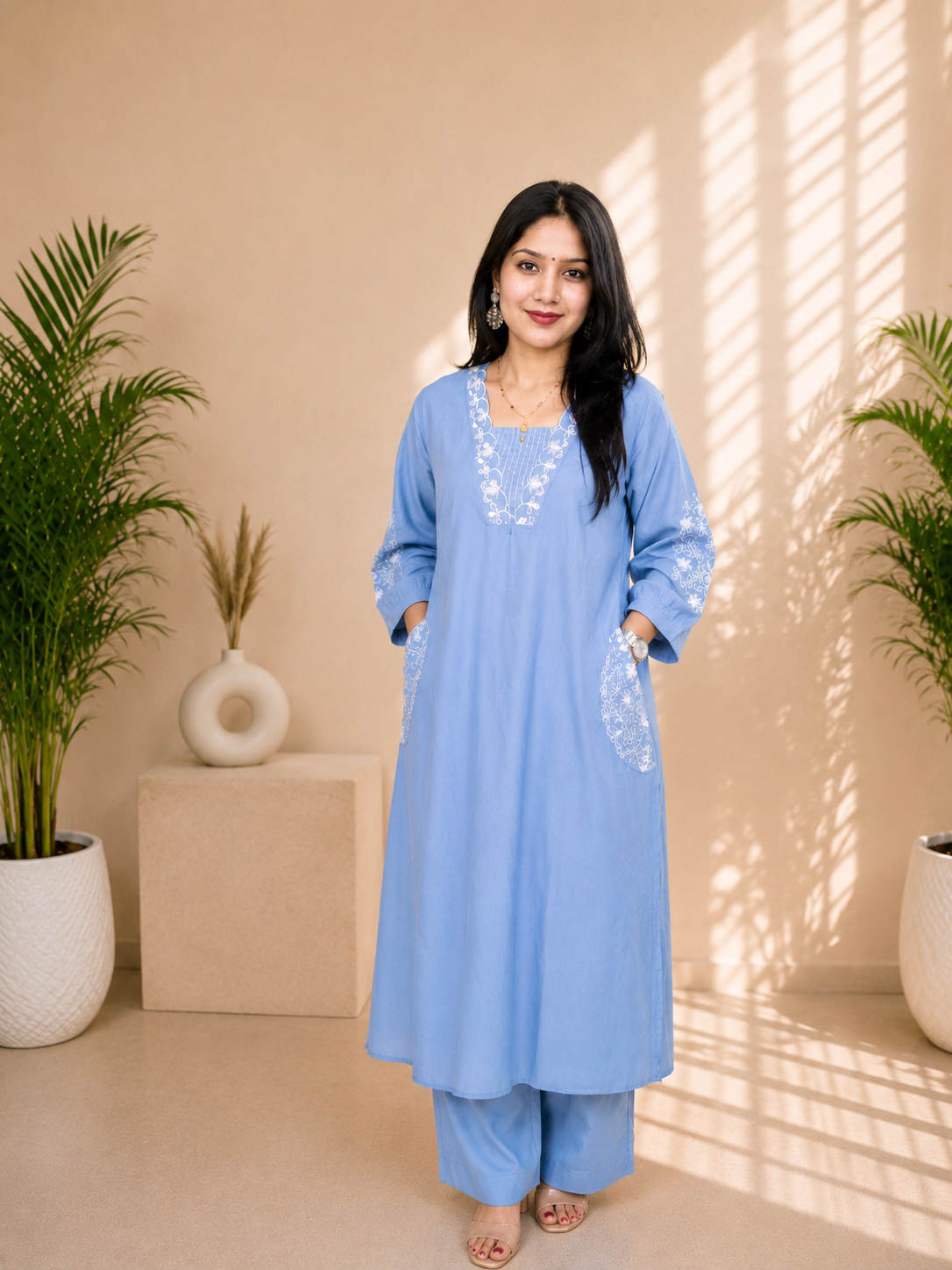 Embroidered A-Line Suit Set with Both Side Pockets