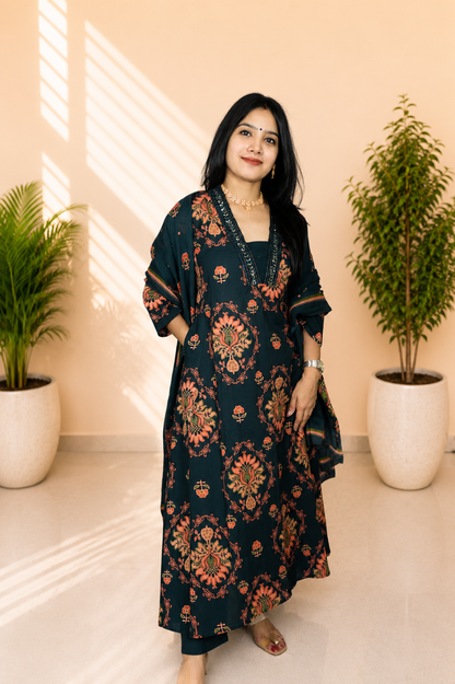 Women Dark Teal Printed A-Line Kurta Set with Dupatta