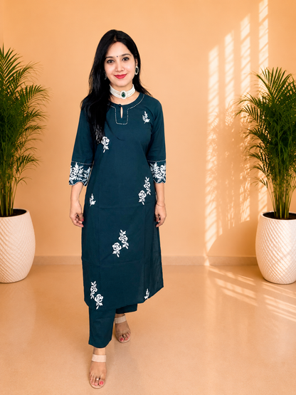 Peacock Green Cotton Embroidered Suit Set
