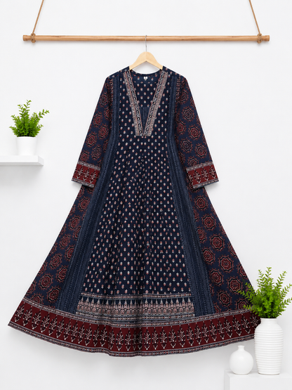 Blue Pure Cotton Printed Anarkali Suit Set