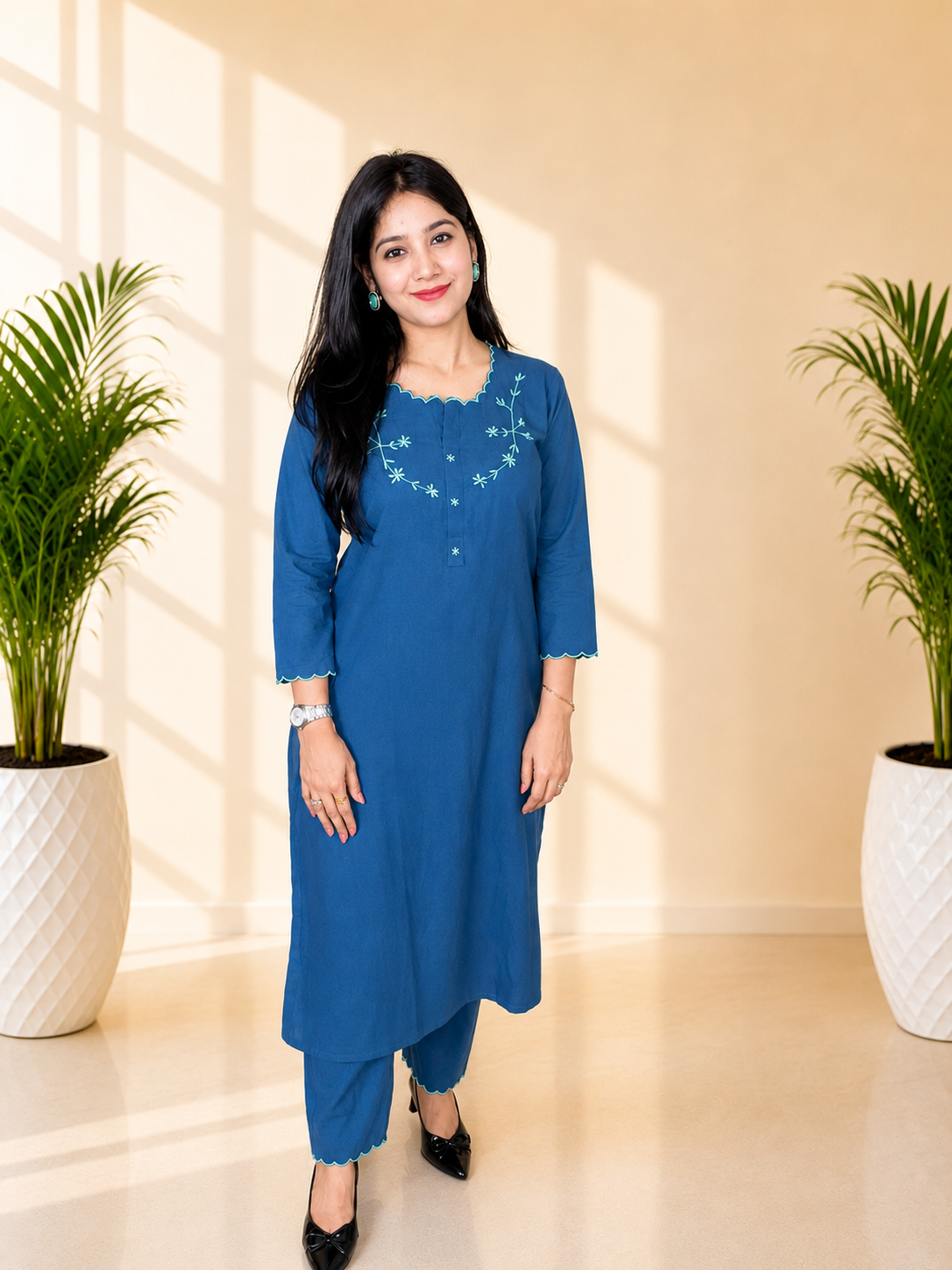 Premium Flex Cotton Embroidered Kurta Pant Set with Digital Print Dupatta