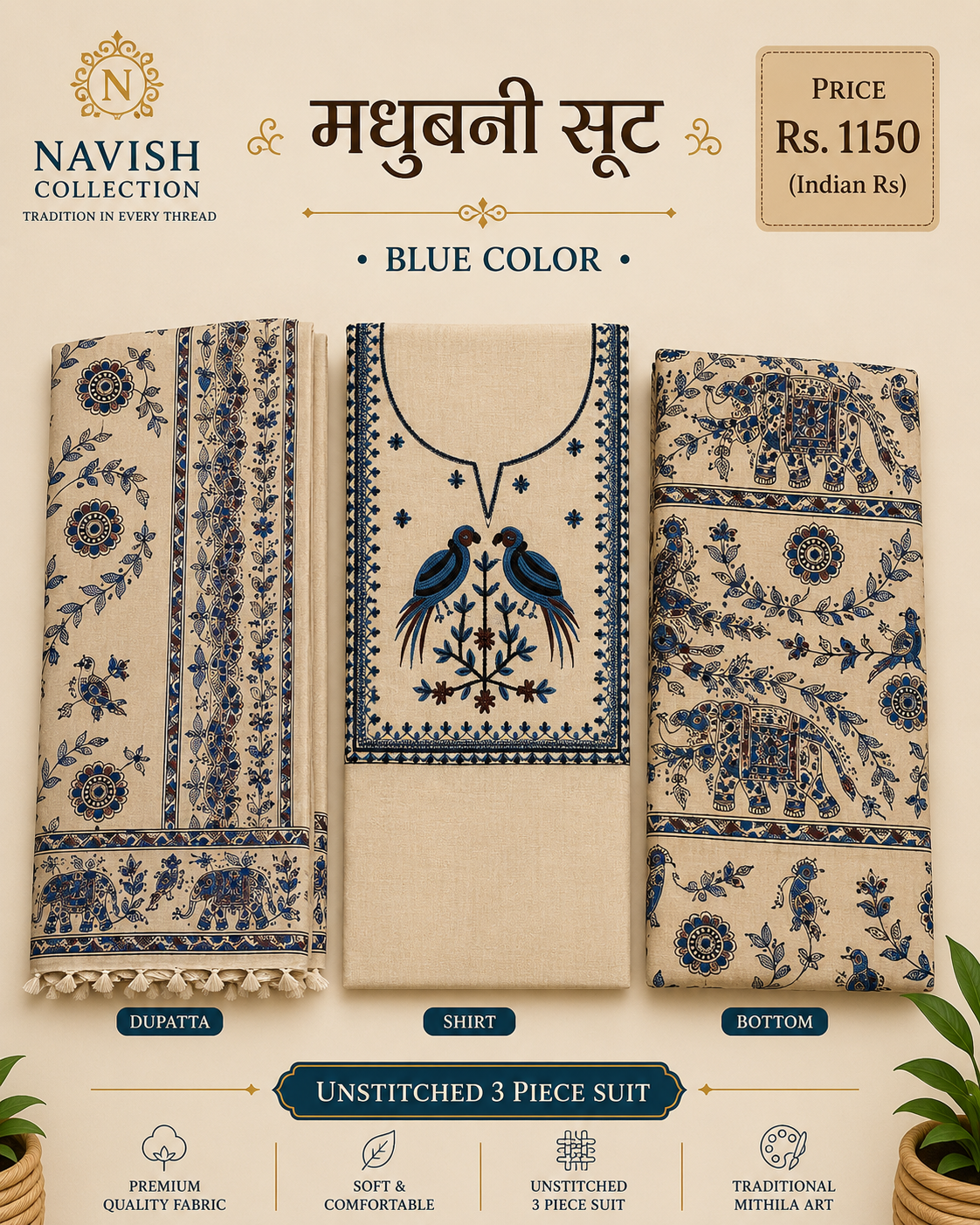 Navish Collection Madhubani Embroidered Cotton Linen Unstitched Suit Set (3 Piece)