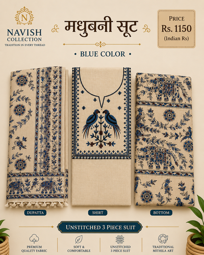 Navish Collection Madhubani Embroidered Cotton Linen Unstitched Suit Set (3 Piece)