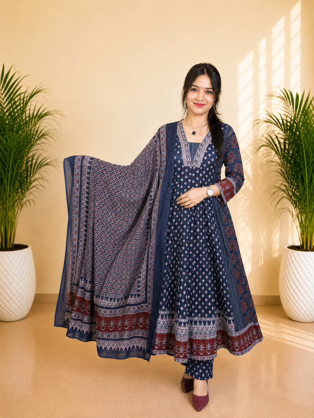 Blue Pure Cotton Printed Anarkali Suit Set