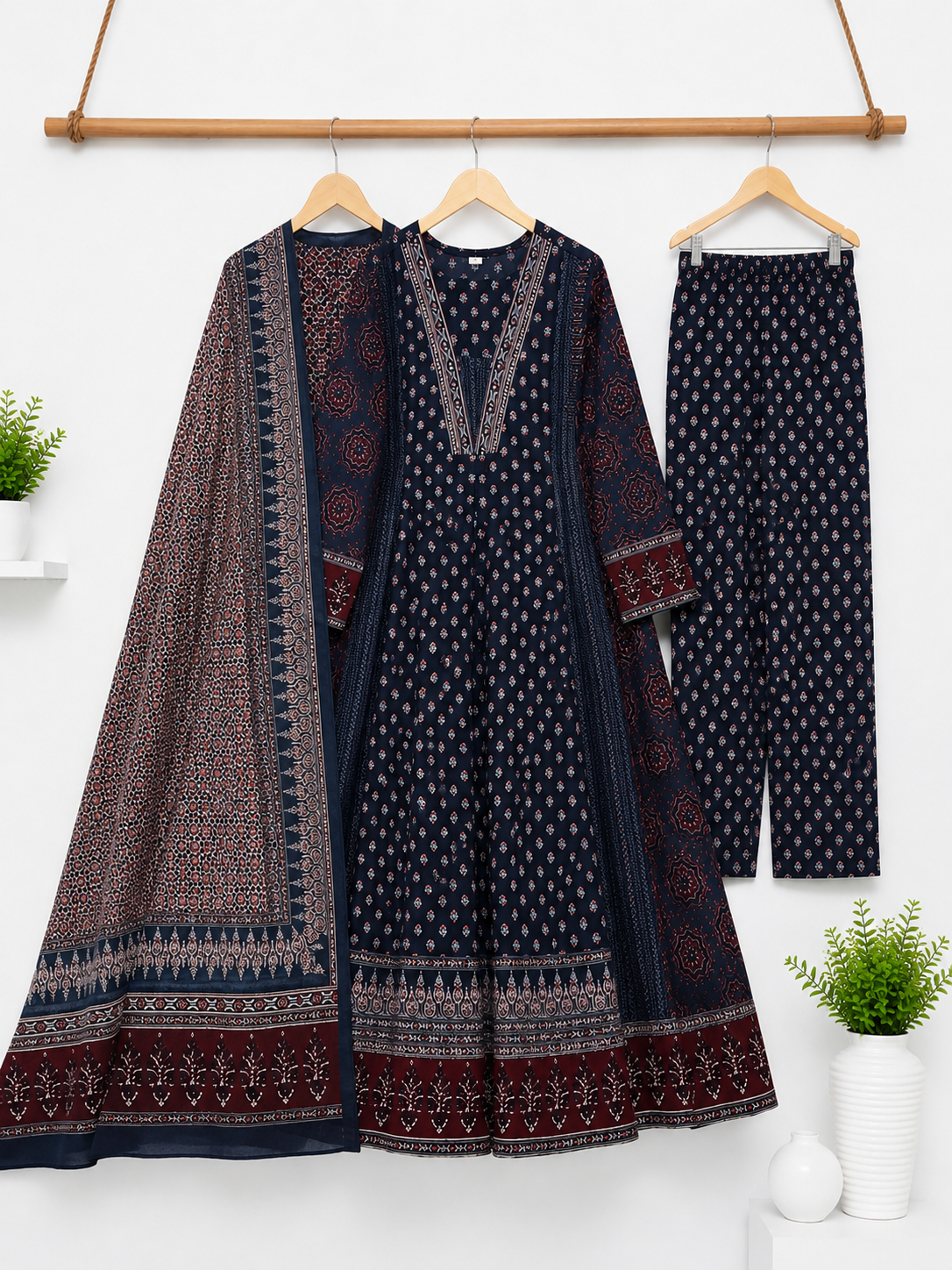 Blue Pure Cotton Printed Anarkali Suit Set