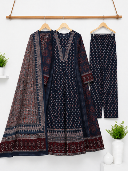 Blue Pure Cotton Printed Anarkali Suit Set