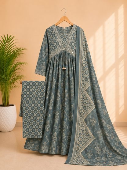 Dusty Blue Gathered Frock Style Suit Set