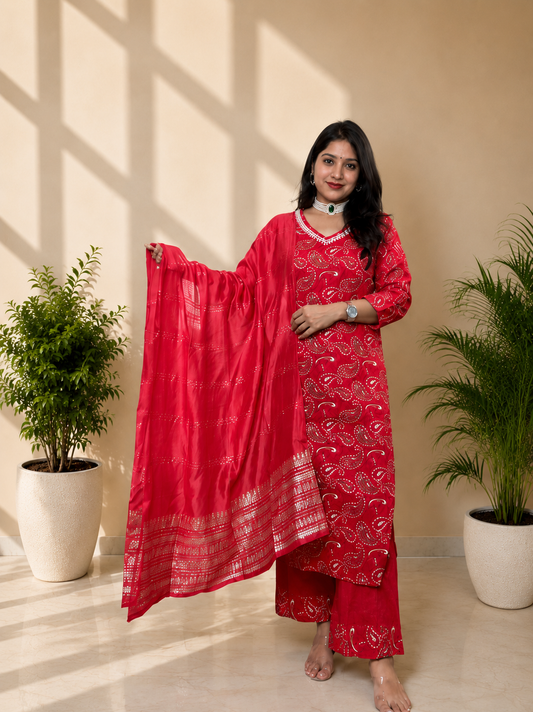 Red Bandhani Print Pure Cotton Suit Set With Dupatta