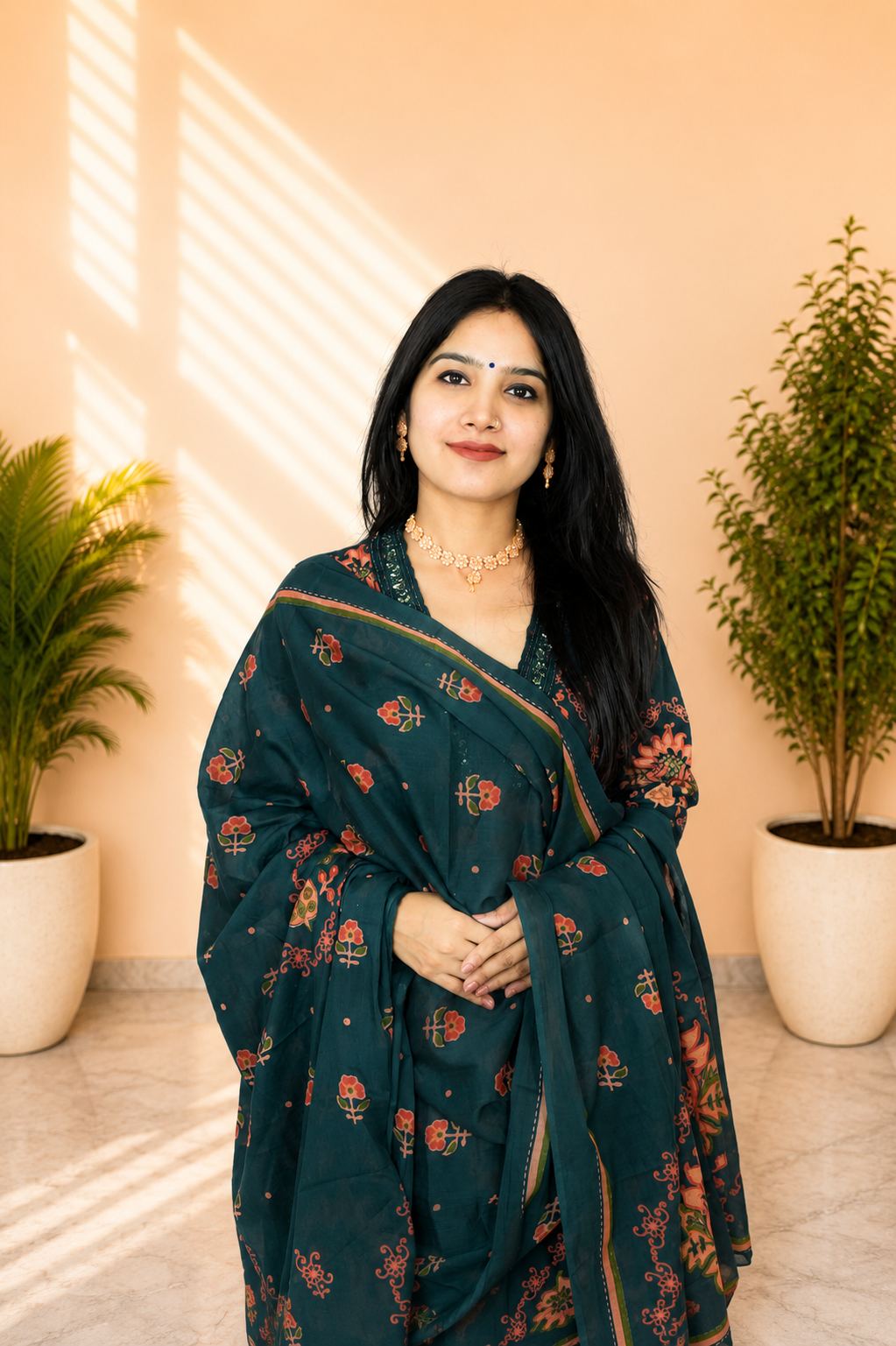 Women Dark Teal Printed A-Line Kurta Set with Dupatta