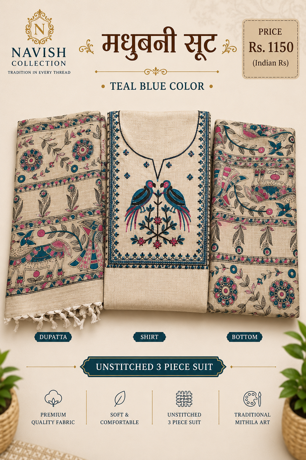 Navish Collection Madhubani Embroidered Cotton Linen Unstitched Suit Set (3 Piece)