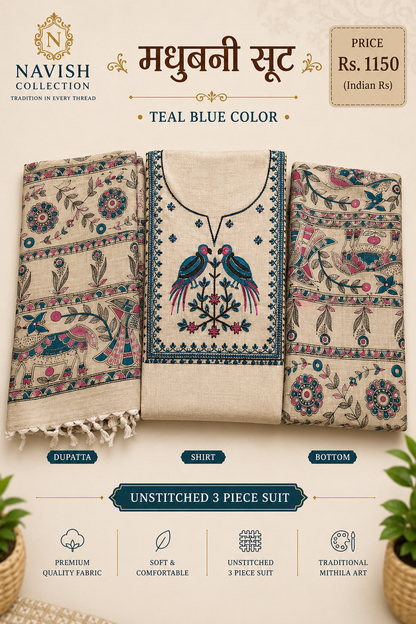 Navish Collection Madhubani Embroidered Cotton Linen Unstitched Suit Set (3 Piece)