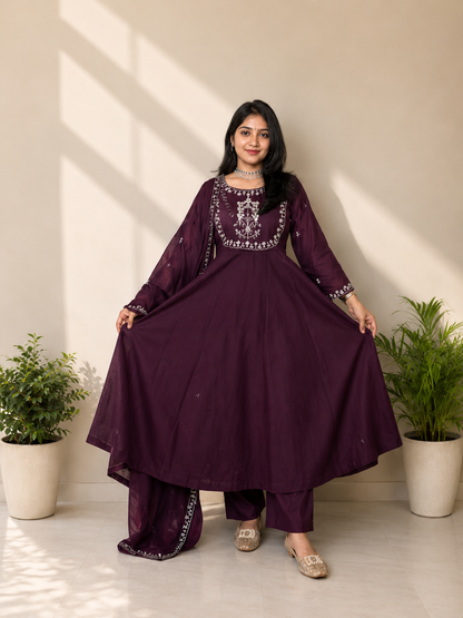 Wine Embroidered Anarkali Kurta Suit Set