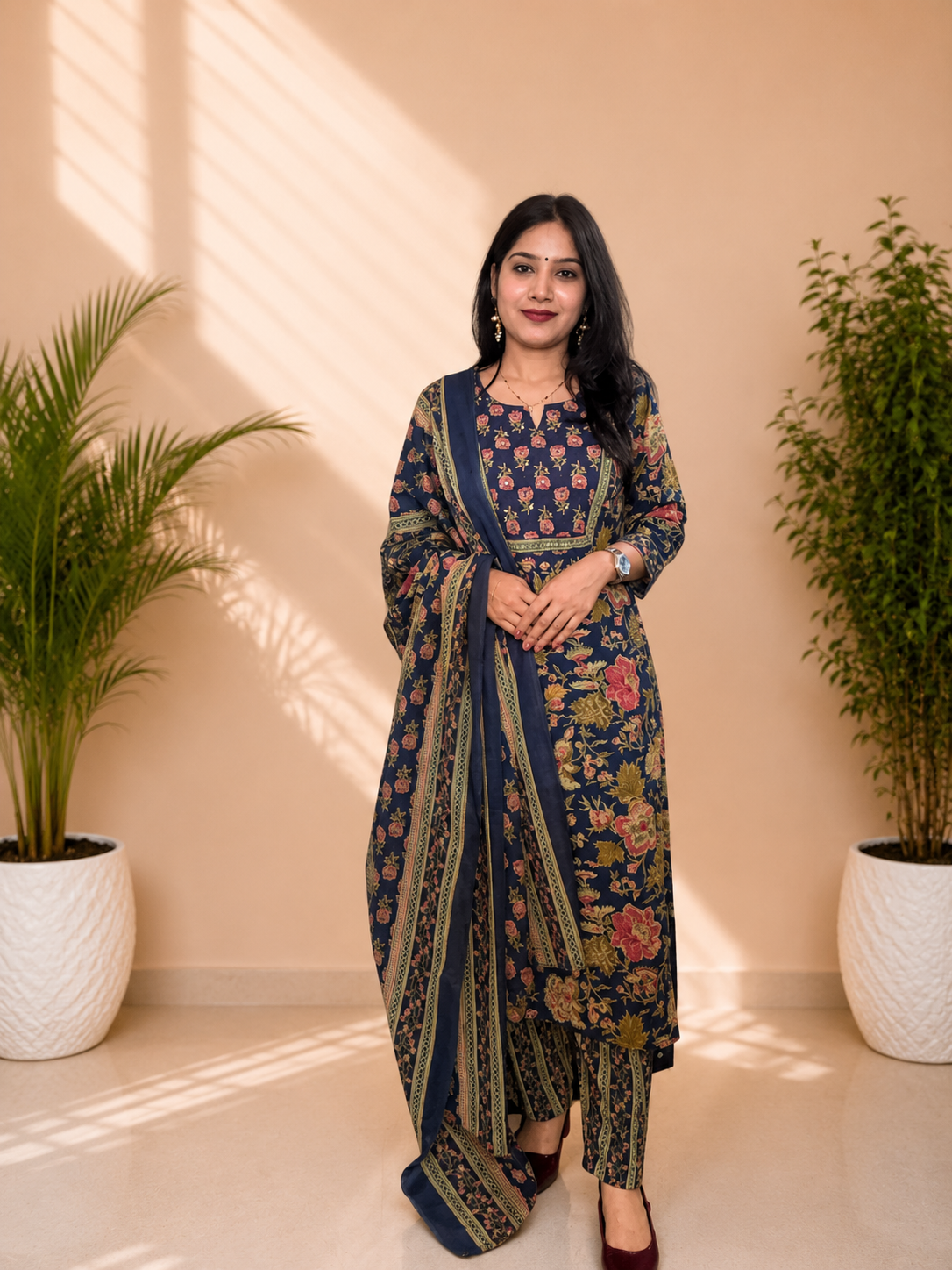 Navy Blue Floral Print Cotton Kurta Pant Dupatta Set