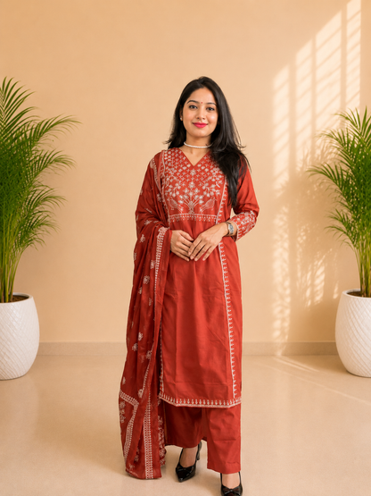 Rust Elegance Embroidered A-Line Suit Set