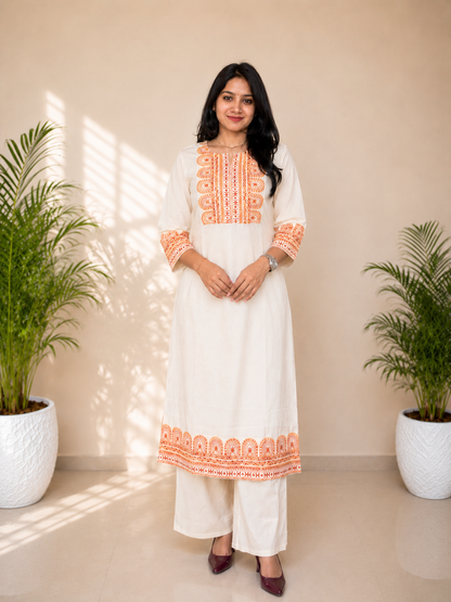 Off White Embroidered Khadi Cotton Kurta Suit Set