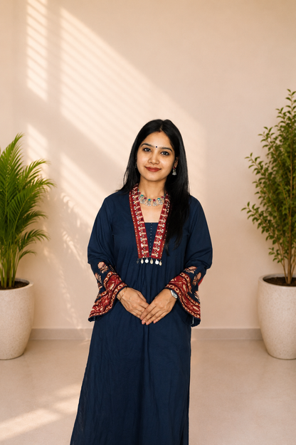 Navy Blue Designer Cotton Kurti Pant Dupatta Set for Women