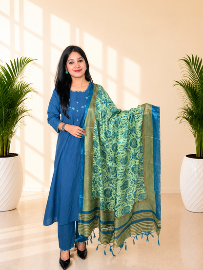 Premium Flex Cotton Embroidered Kurta Pant Set with Digital Print Dupatta
