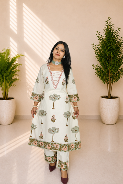 Women’s Premium Mul Cotton Hand Block Printed A-Line Kurta Set