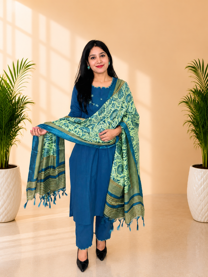 Premium Flex Cotton Embroidered Kurta Pant Set with Digital Print Dupatta