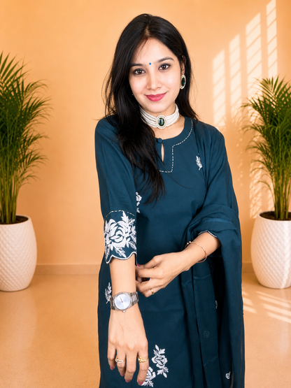 Peacock Green Cotton Embroidered Suit Set