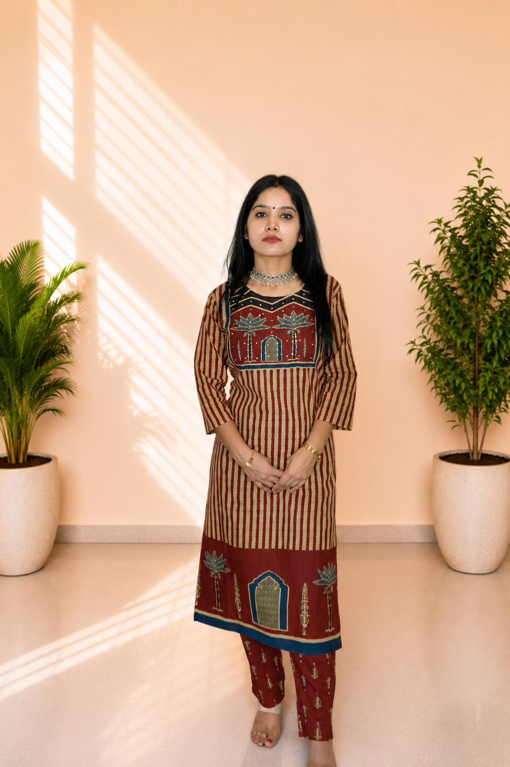 Women’s Maroon Printed Cotton Kurta Set With Dupatta