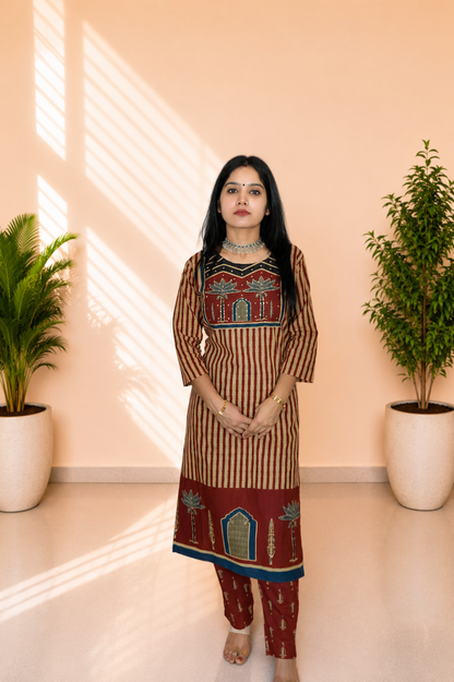 Women’s Maroon Printed Cotton Kurta Set With Dupatta