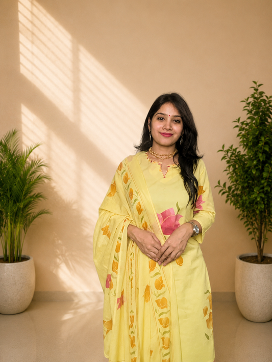 Lemon Yellow Floral Print Pure Cotton Suit Set With Dupatta