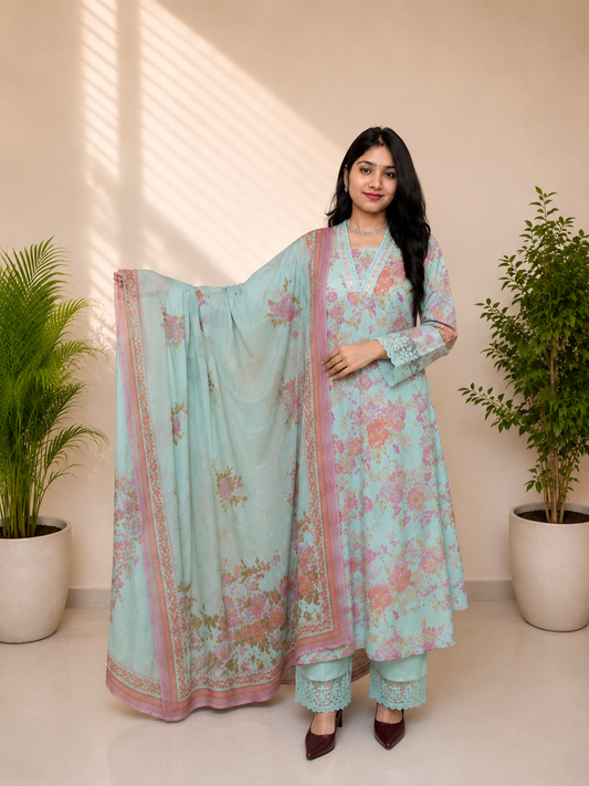 Pista Green Floral Printed Pure Cotton Suit Set