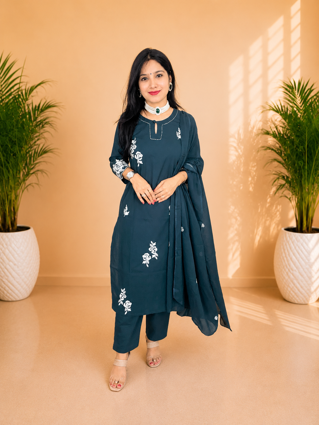 Peacock Green Cotton Embroidered Suit Set