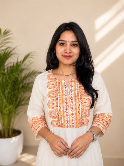 Off White Embroidered Khadi Cotton Kurta Suit Set