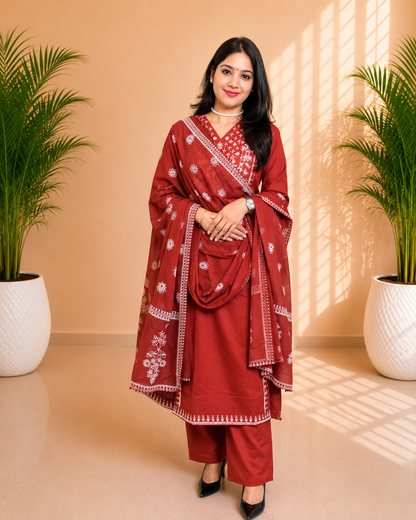 Rust Elegance Embroidered A-Line Suit Set