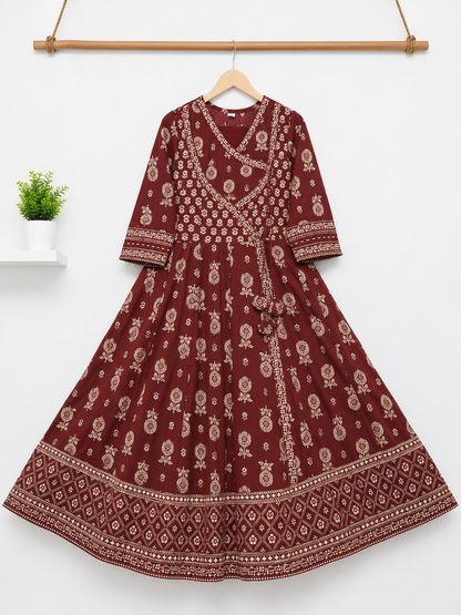 Cotton Printed Angrakha Anarkali Suit Set
