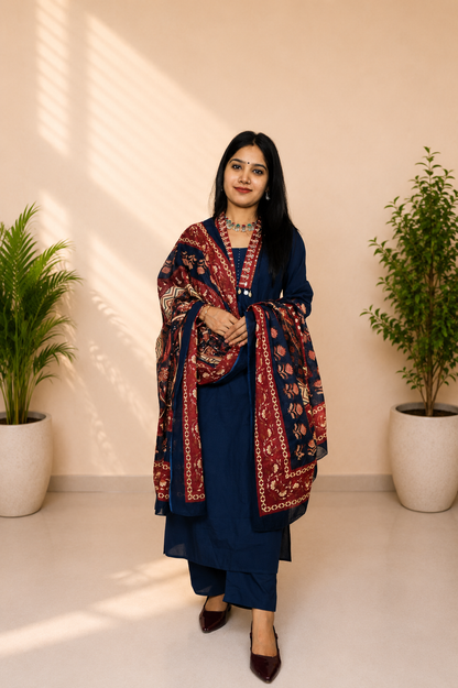 Navy Blue Designer Cotton Kurti Pant Dupatta Set for Women
