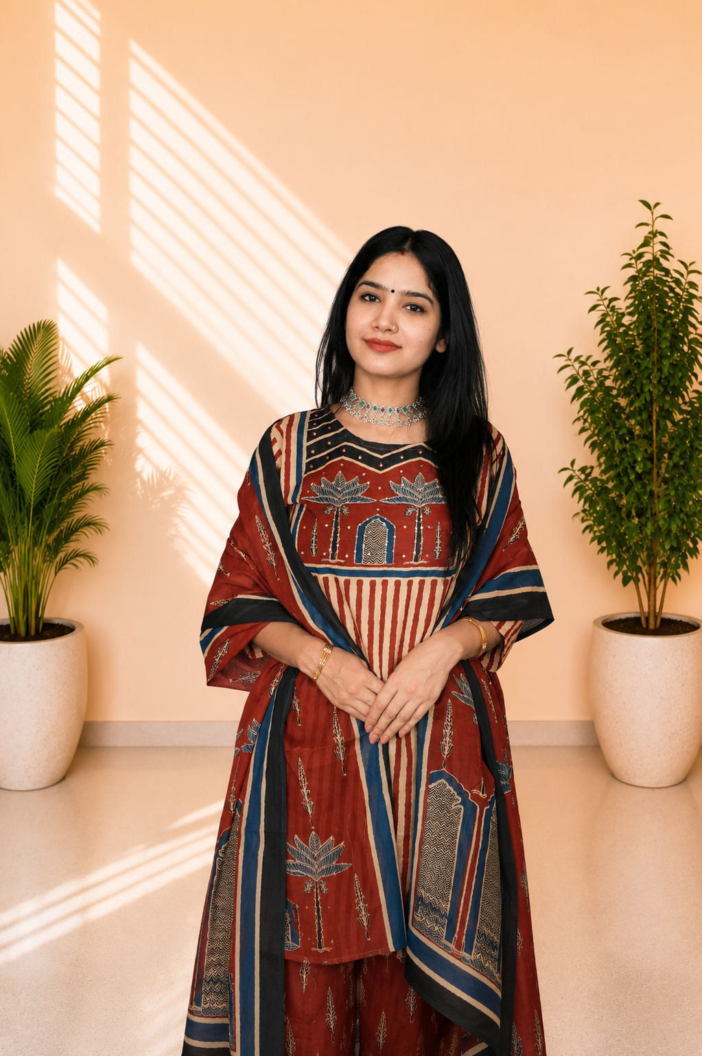 Women’s Maroon Printed Cotton Kurta Set With Dupatta