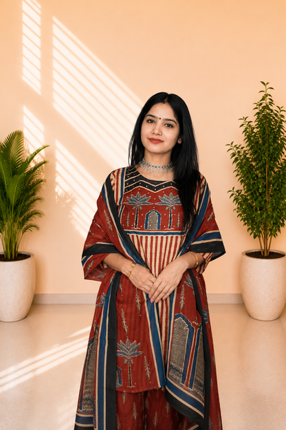 Women’s Maroon Printed Cotton Kurta Set With Dupatta