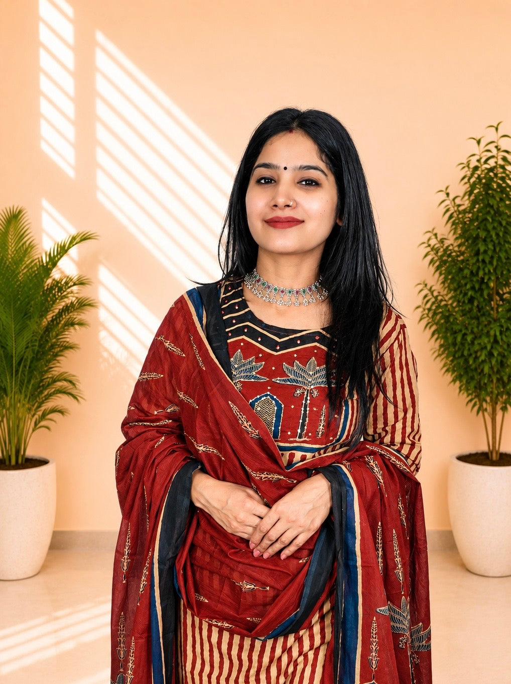 Women’s Maroon Printed Cotton Kurta Set With Dupatta