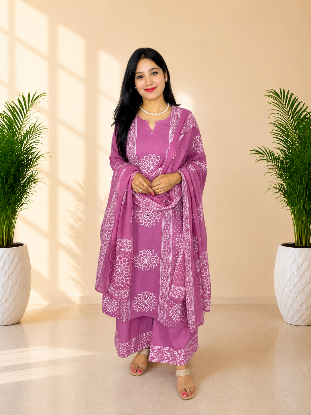 Pink Pure Cotton Bandhej Print Mirror Work Palazzo Suit Set with Dupatta | Women’s Ethnic Wear
