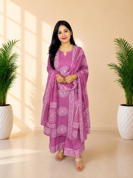 Pink Pure Cotton Bandhej Print Mirror Work Palazzo Suit Set with Dupatta | Women’s Ethnic Wear