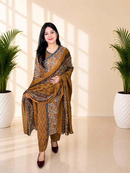Premium Mustard Ajrakh Print Angrakha Style Cotton 3 Piece Suit Set