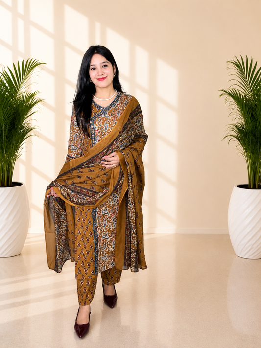 Premium Mustard Ajrakh Print Angrakha Style Cotton 3 Piece Suit Set