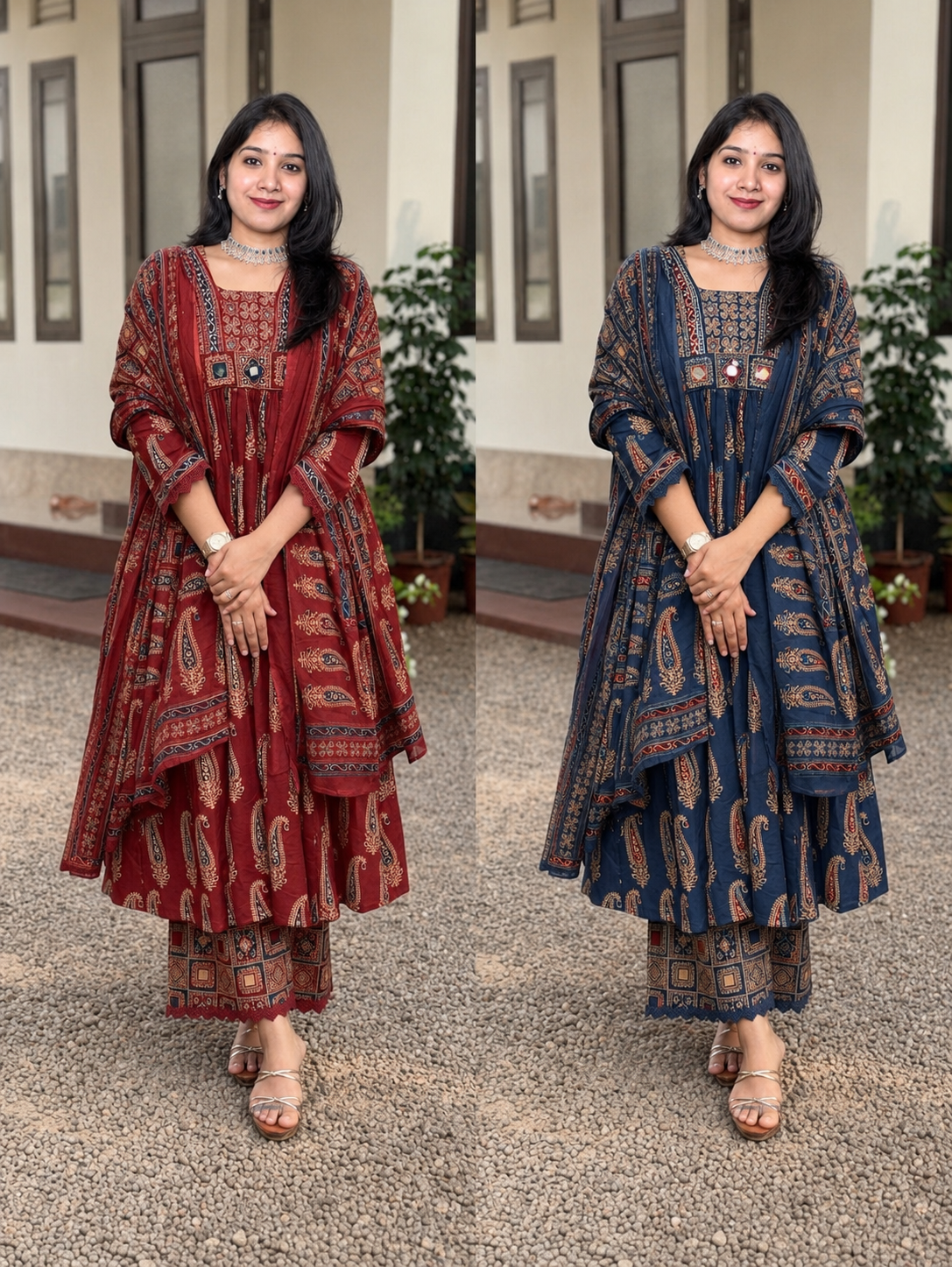 Navy Blue Ajrakh Printed Cotton Suit Set