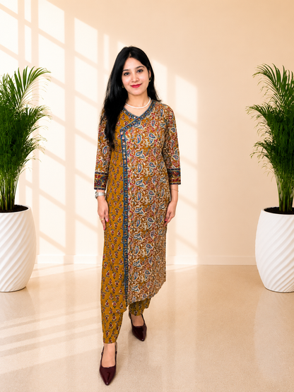 Premium Mustard Ajrakh Print Angrakha Style Cotton 3 Piece Suit Set