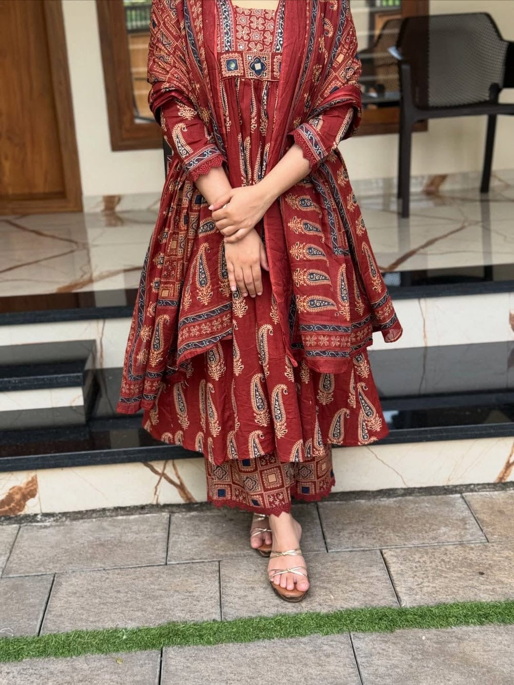 Maroon Ajrakh Printed Cotton Suit Set